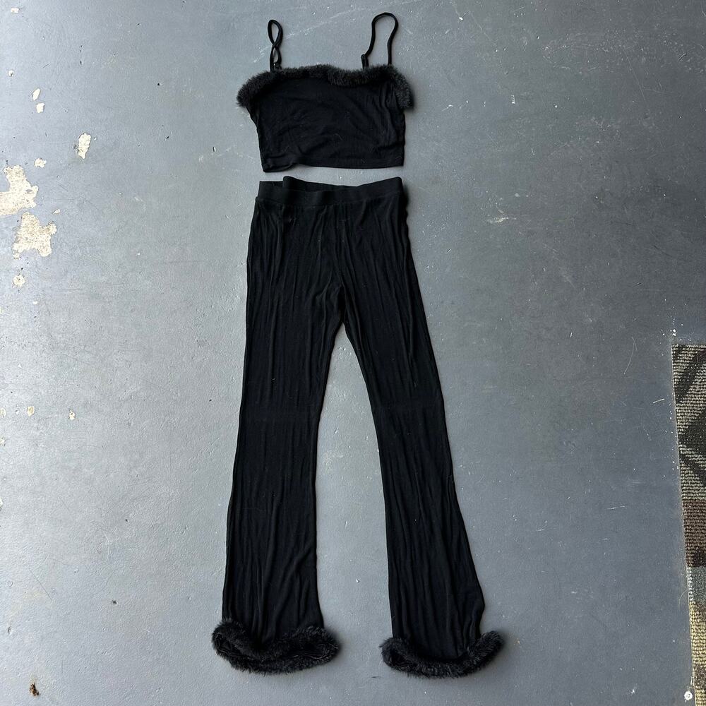 Tic Toc Black Faux Fur Trim Two Piece Lounge Set Women Medium Y2K